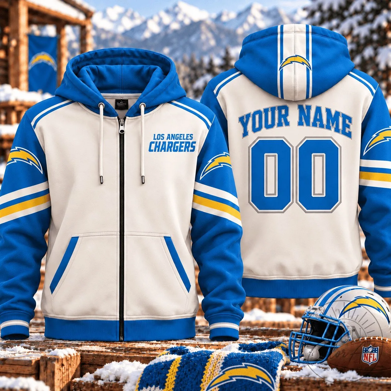 Los Angeles Chargers Football Team Custom Name and Number Zip Hoodie