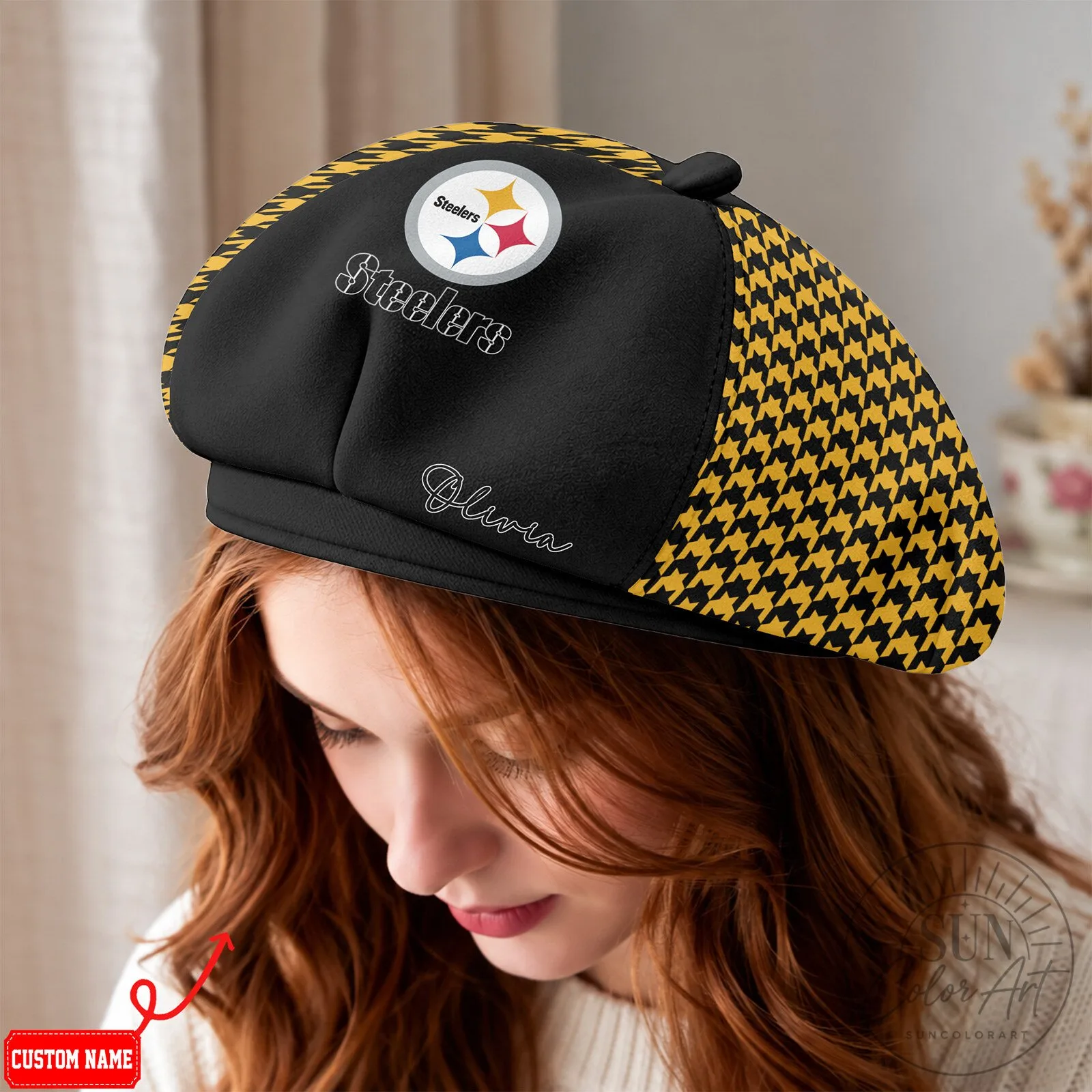 Pittsburgh Steelers Personalized Houndstooth Beret Hat 5 Pittsburgh Steelers Personalized Houndstooth Beret Hat