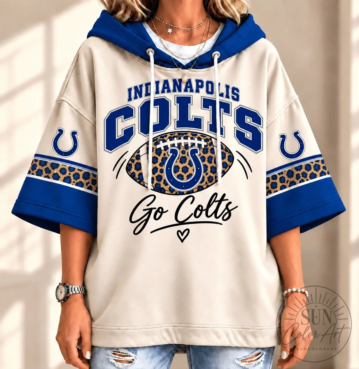 Indianapolis Colts Leopard Print Football Team Fan Short Sleeve Hoodie