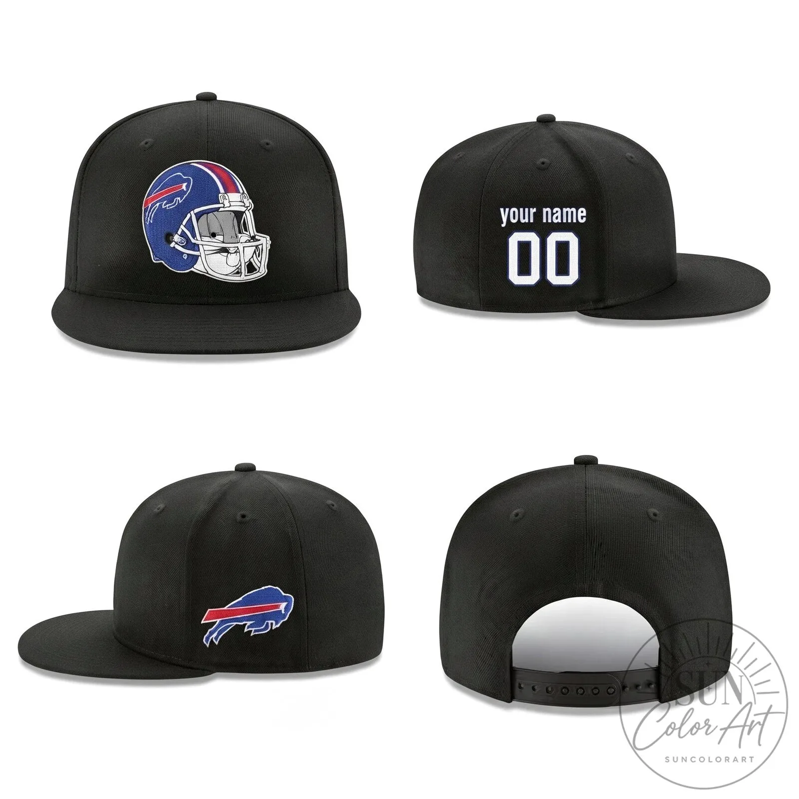 Black Snapback Cap Hat with Personalized Buffalo Bills Football Helmet Design
