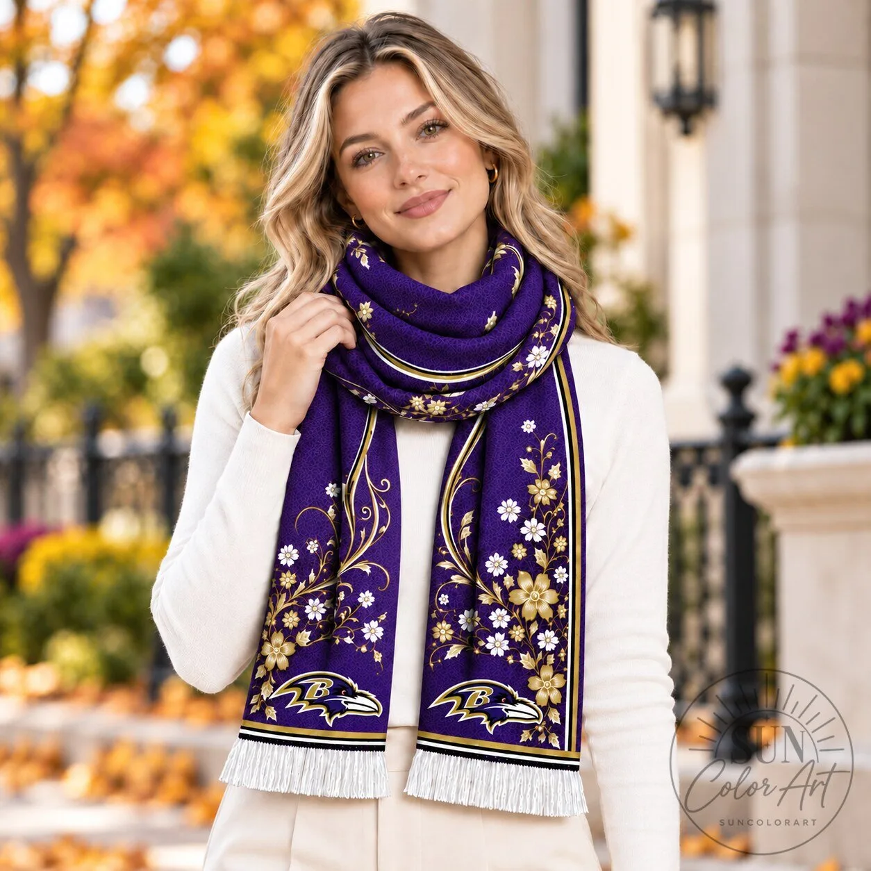 Baltimore Ravens Floral Pattern Purple Fan Scarf with Fringe