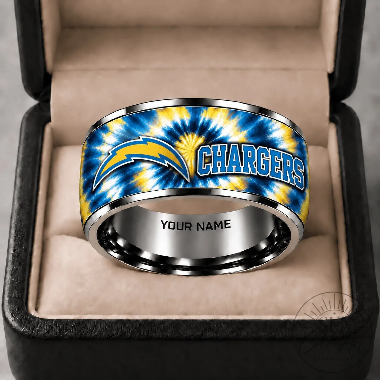 Los Angeles Chargers Tie-Dye Lightning Bolt Personalized Stainless Steel Ring