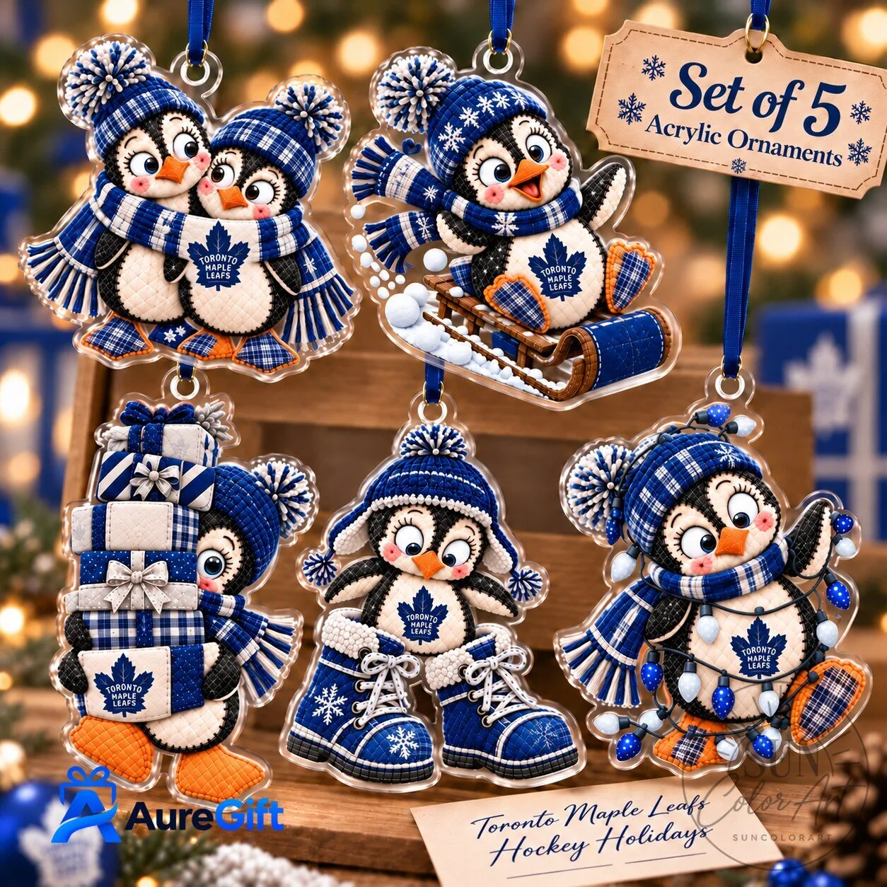 Toronto Maple Leafs Hockey Penguin Christmas Tree Ornaments Set