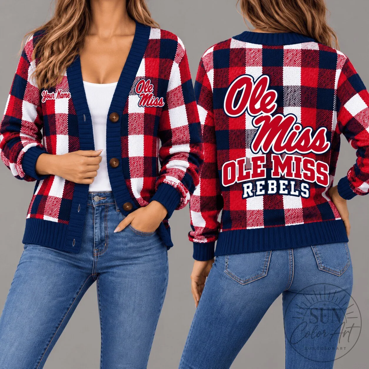 Ole Miss Rebels NCAA Plaid Pattern V-Neck Button-Up Cardigan Sweater