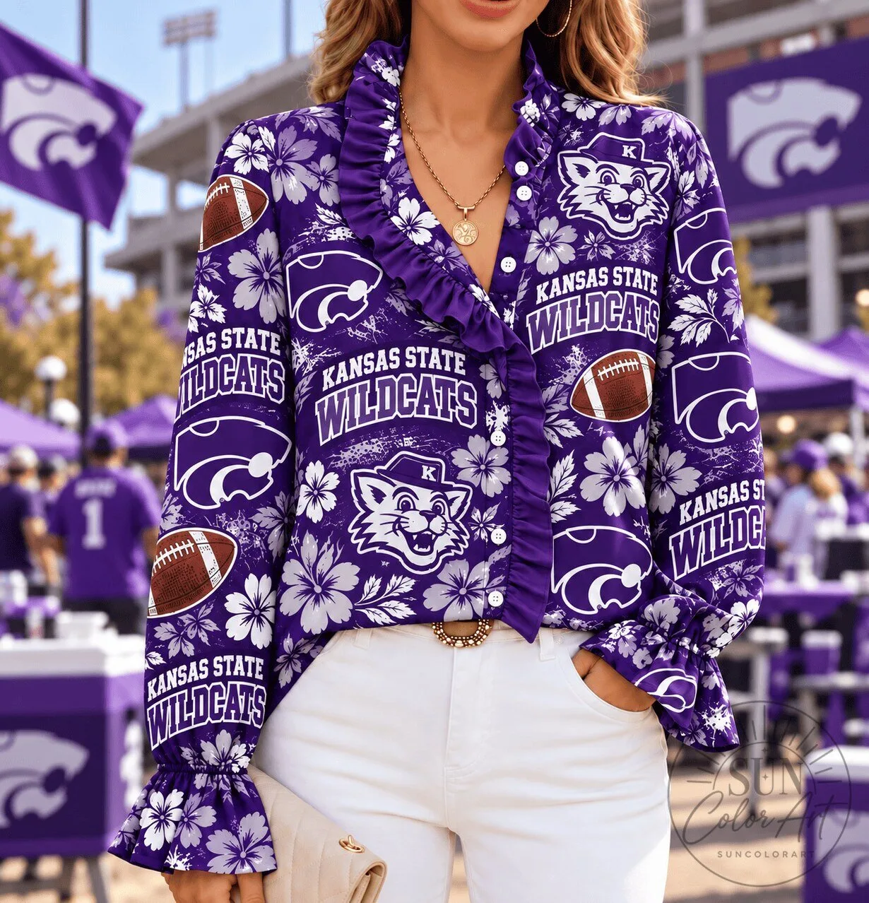 Kansas State Wildcats Floral Ruffle Button Down Shirt for Women