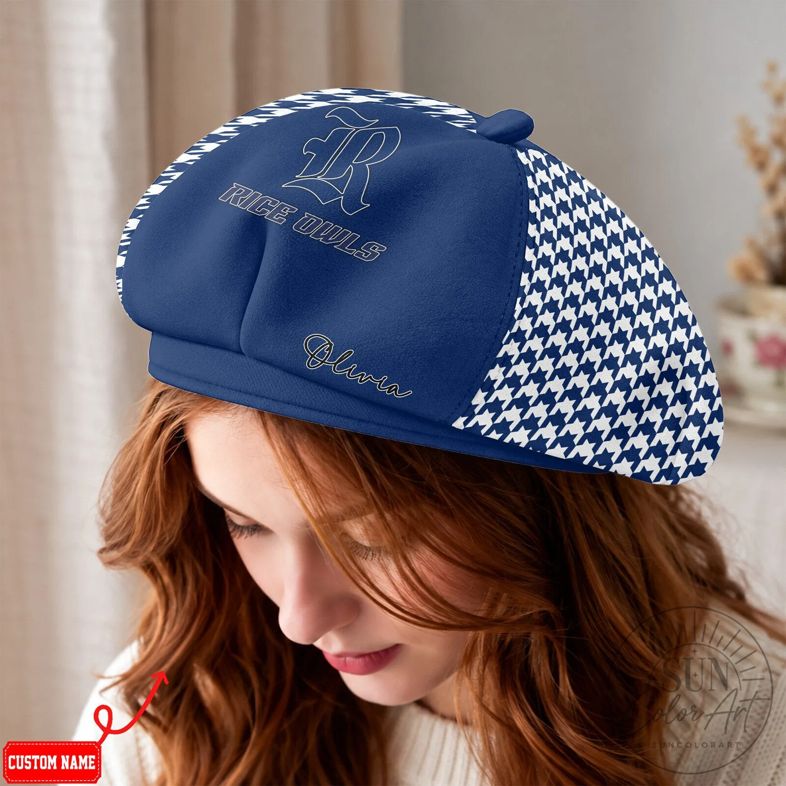 Rice Owls NCAA Personalized Houndstooth Beret Cap Hat