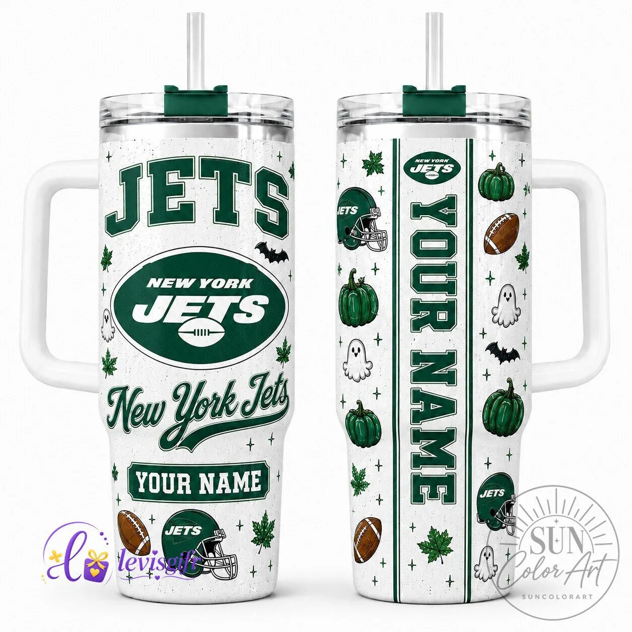 New York Jets Personalized Halloween Football Team Insulated Tumbler with Handle