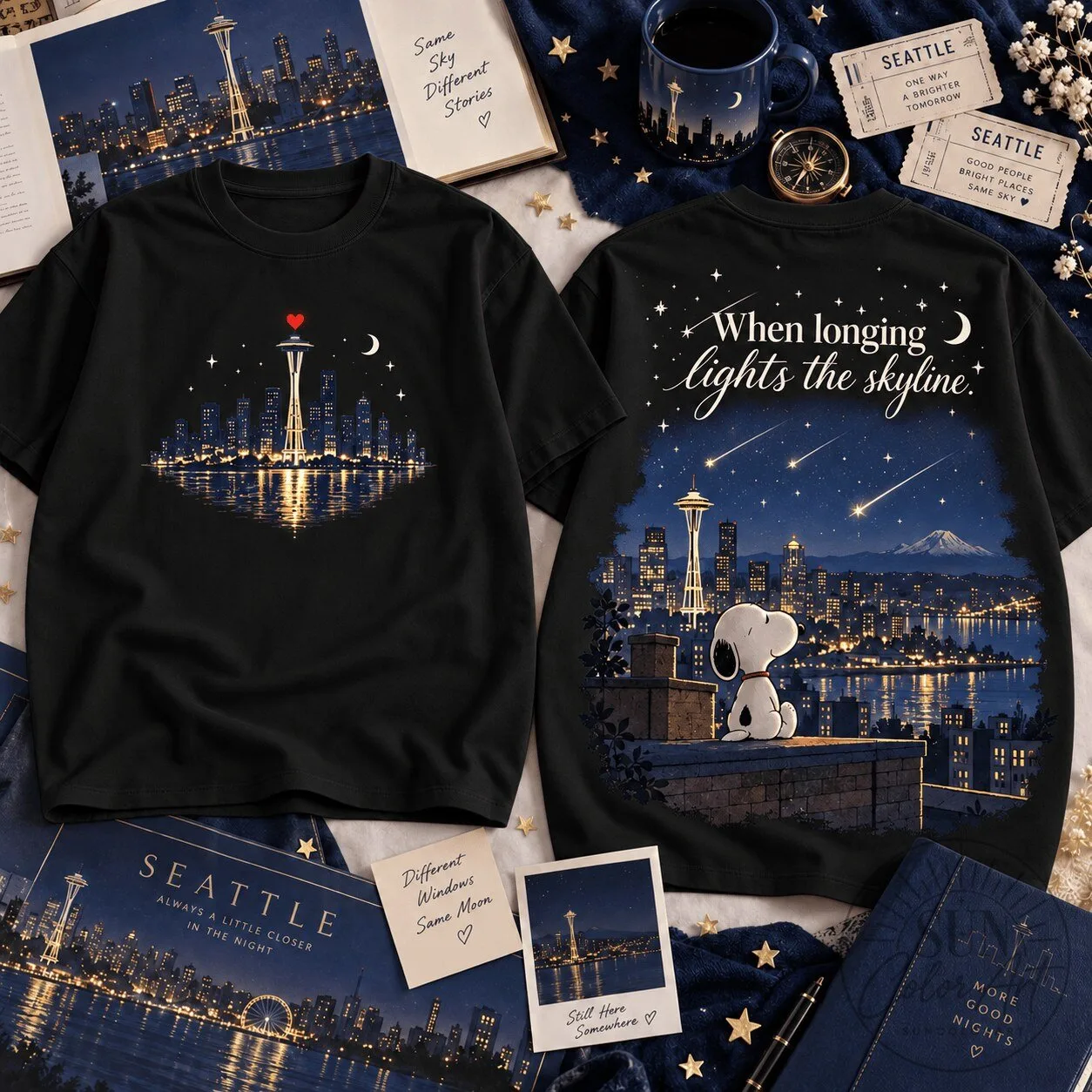 Sleepless in Seattle Snoopy Midnight Skyline Romantic T-Shirt