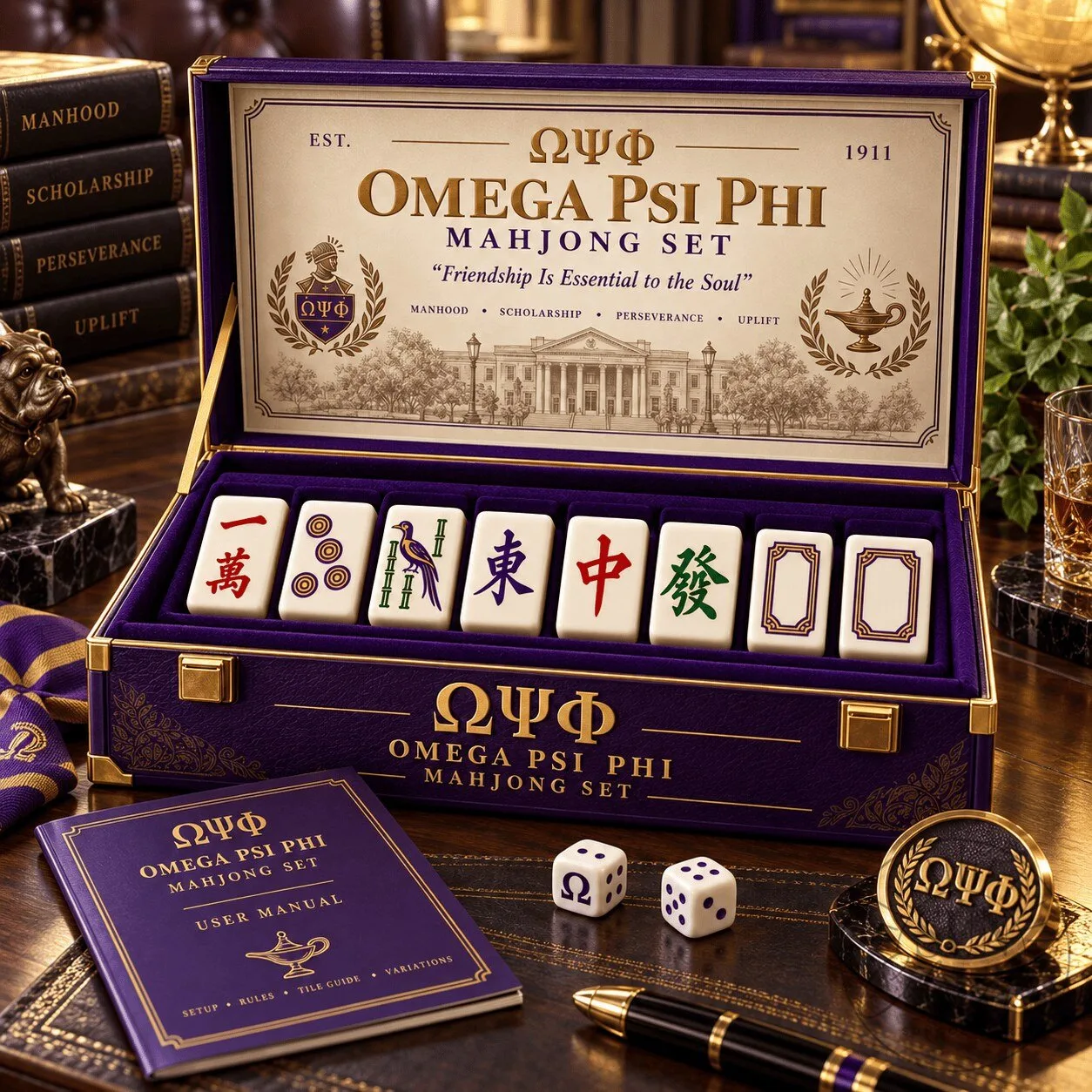 Omega Psi Phi Mahjong Game Set with User Manual and Dice