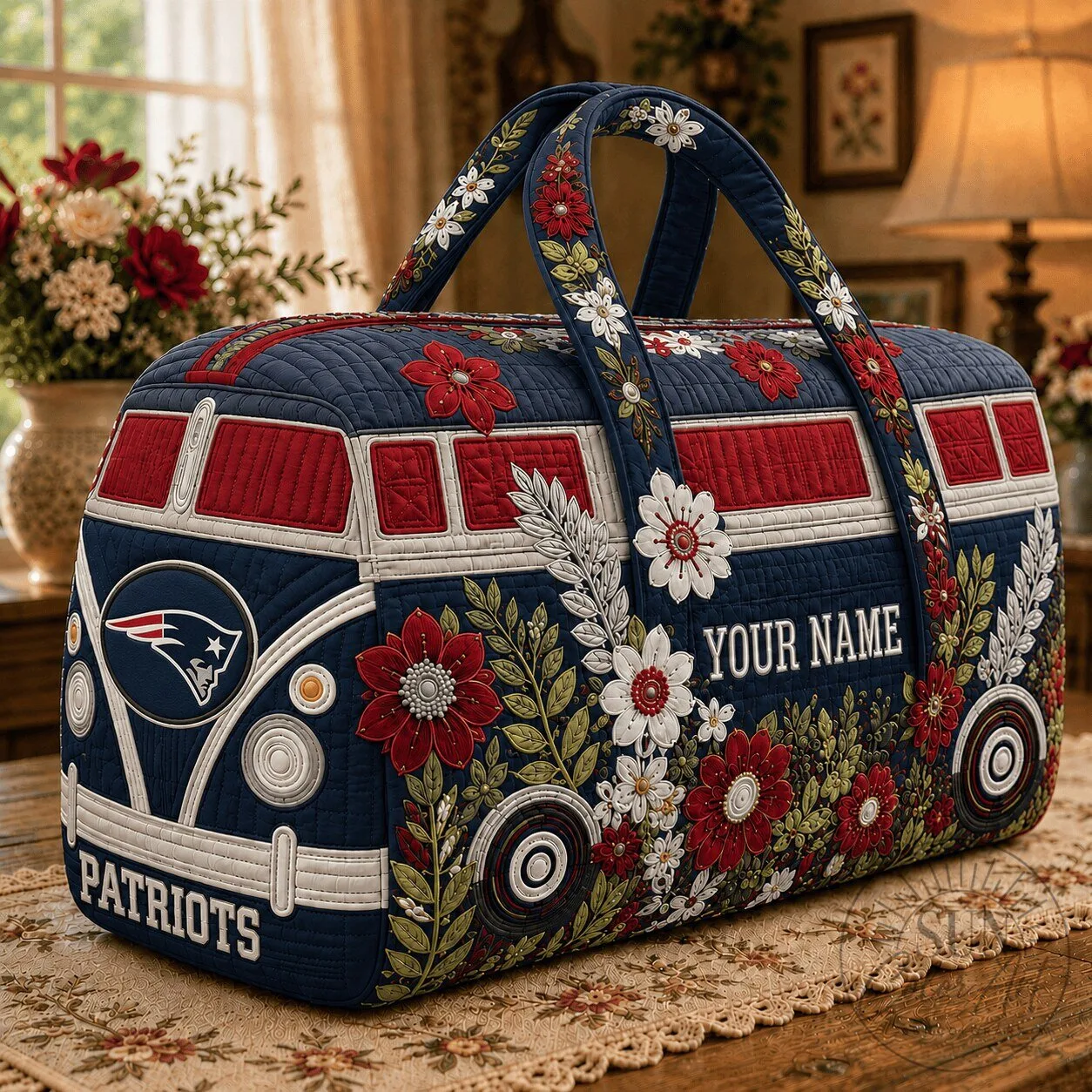 New England Patriots Floral Volkswagen Bus Quilted Duffle Bag