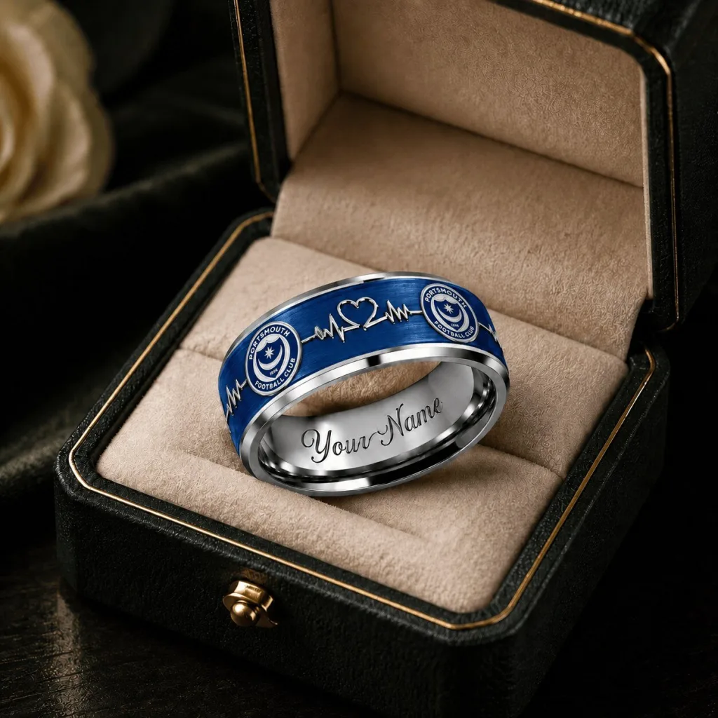 Portsmouth Football Club Heartbeat Engraved Custom Name Ring Portsmouth Football Club Heartbeat Engraved Custom Name Ring