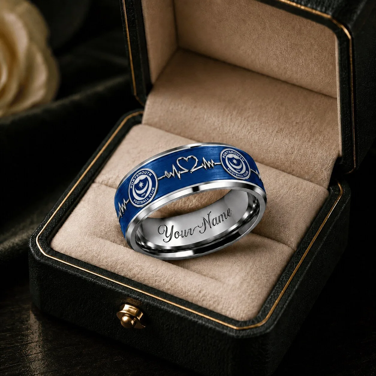 Portsmouth Football Club Heartbeat Engraved Custom Name Ring