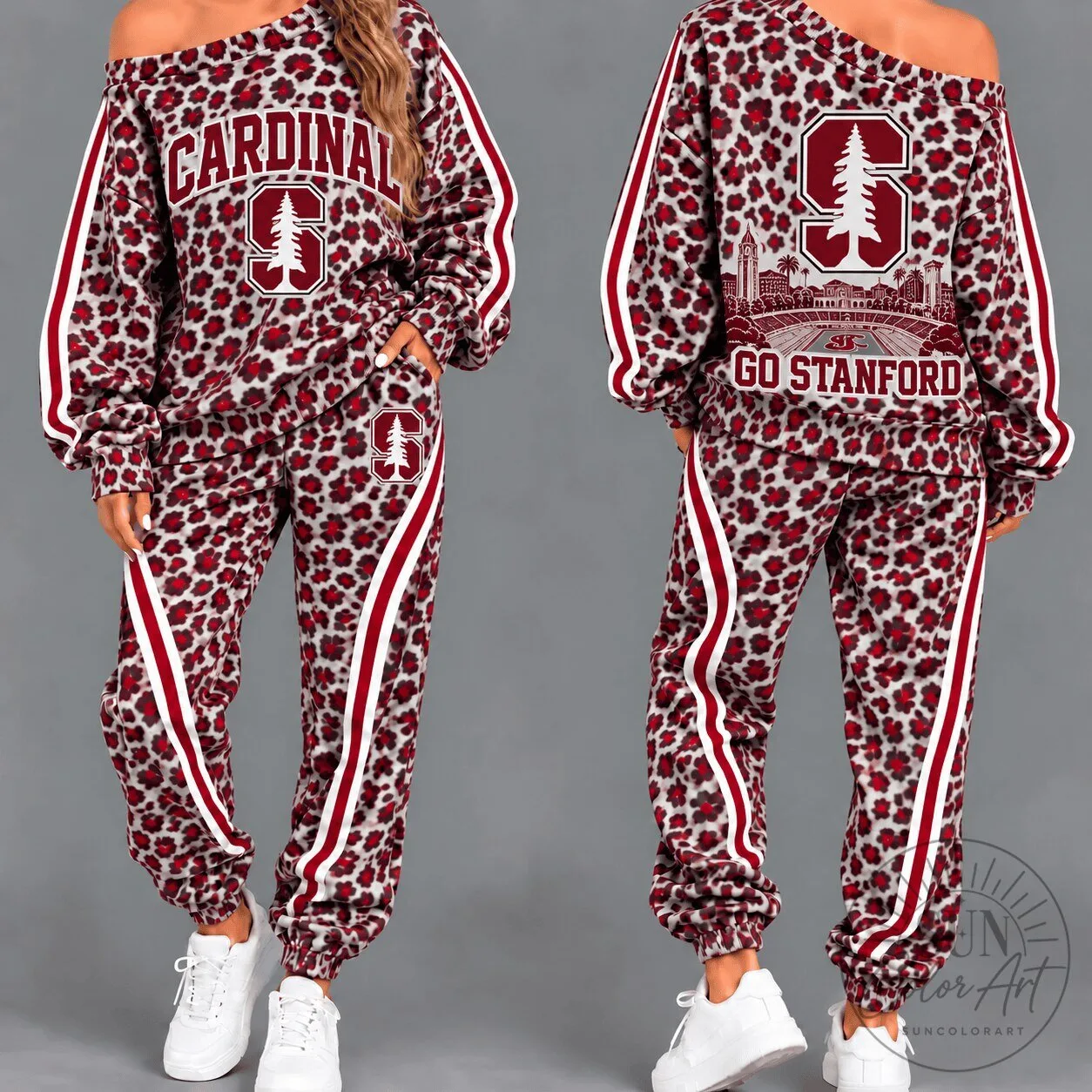 Stanford Cardinal Leopard Print Off Shoulder Tracksuit Set for Women