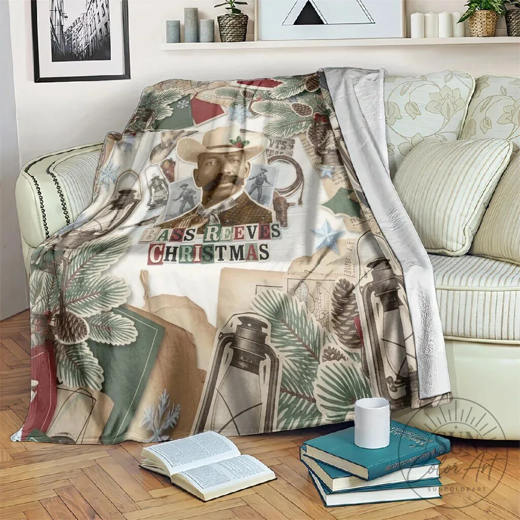 Bass Reeves Christmas Old West Marshal Frontier Collage Vintage Fleece Blanket