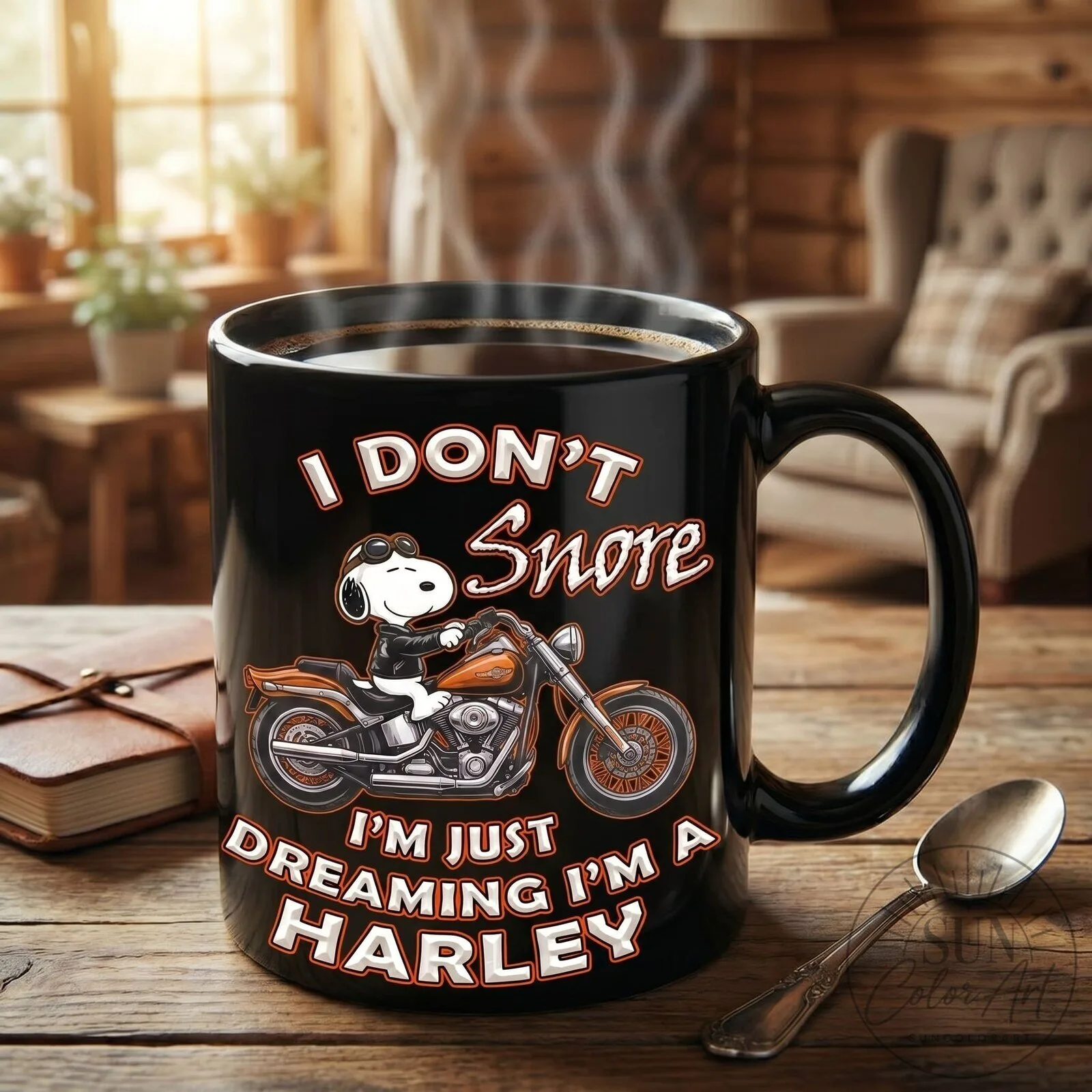Snoopy Riding Harley Davidson Motorcycle I Don't Snore Dreaming I'm a Harley Mug