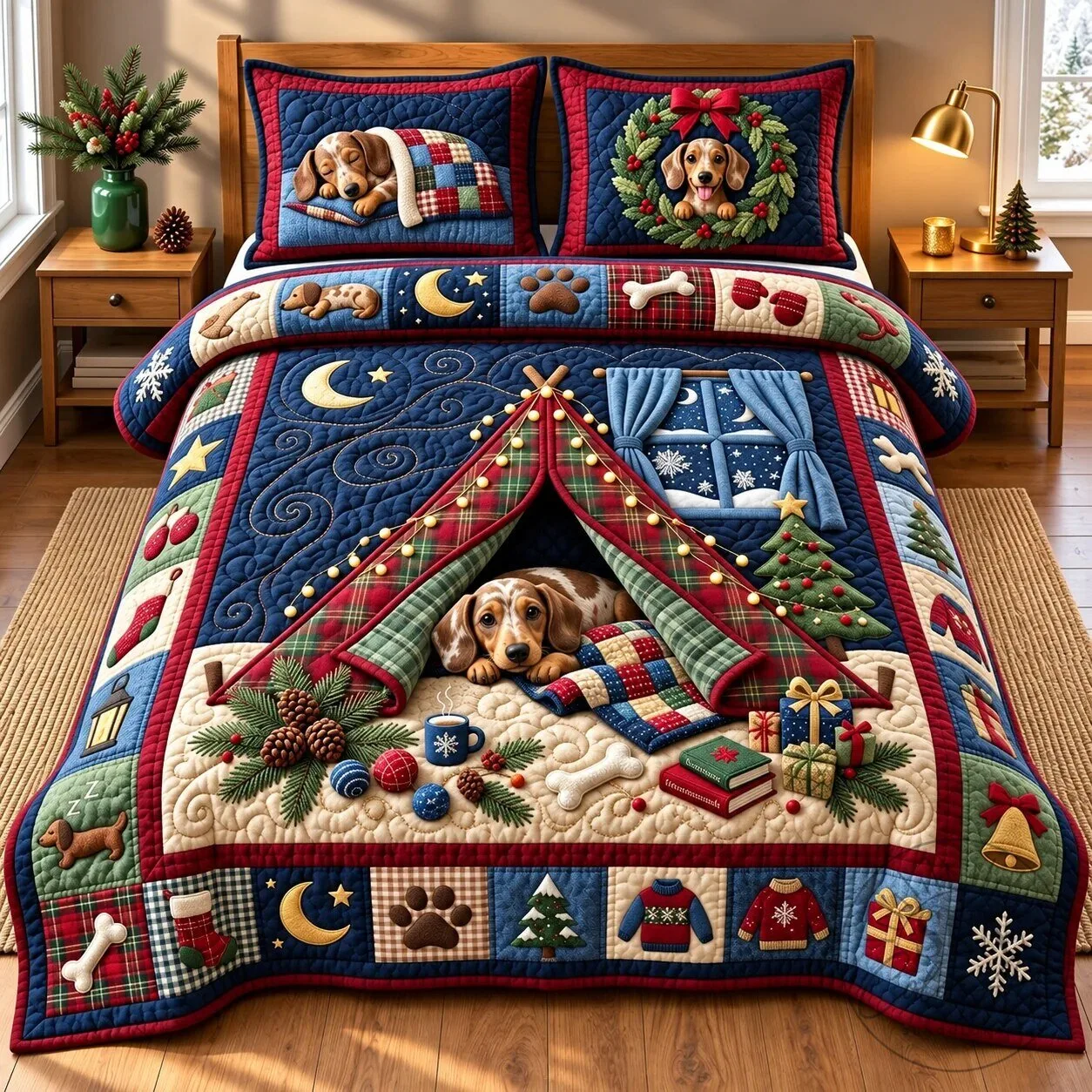 Christmas Dachshund Dog Quilted Bedding Set with Pillow Shams