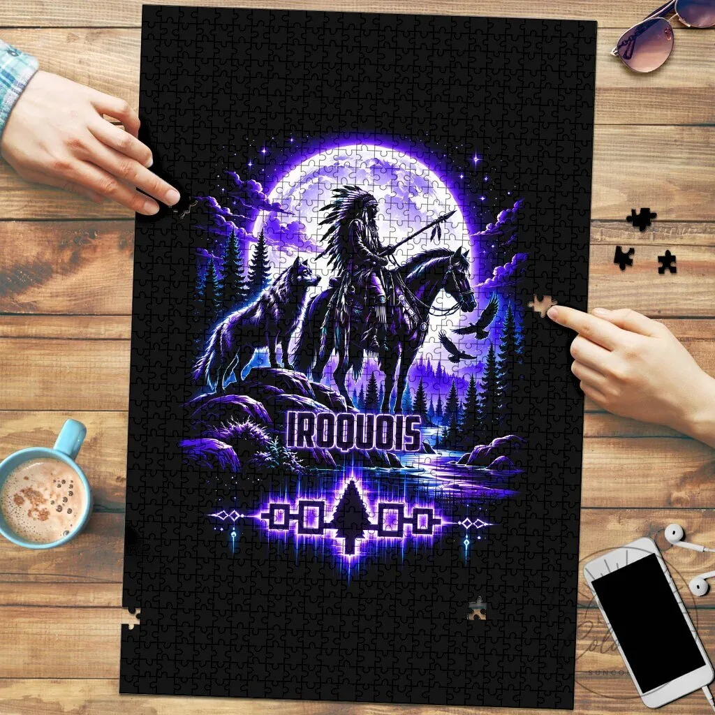 Iroquois Native American Warrior and Wolf Under Moon Jigsaw Puzzle