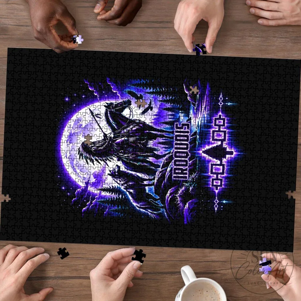 Iroquois Native American Warrior and Wolf Under Moon Jigsaw Puzzle 6 Iroquois Native American Warrior and Wolf Under Moon Jigsaw Puzzle