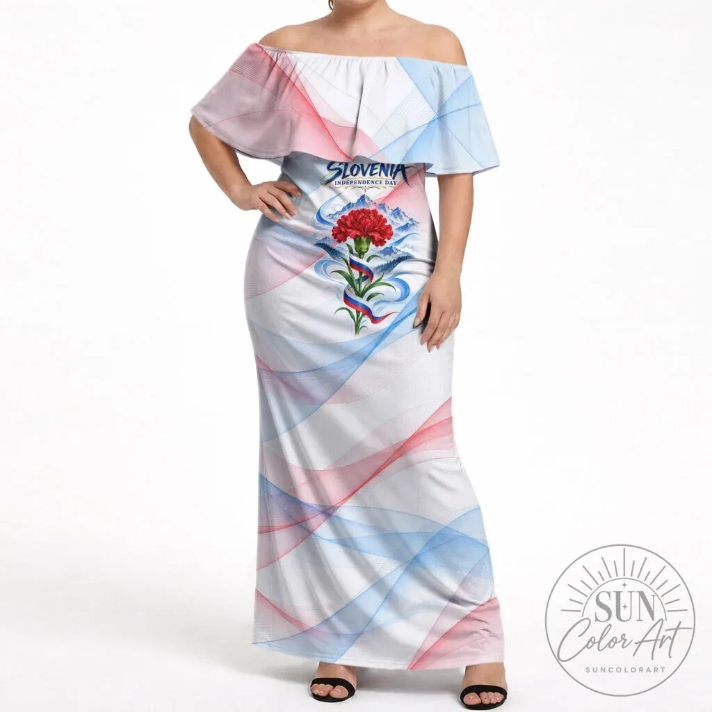 Slovenia Independence Day Red Carnation Flower Mount Triglav Flag Patriotic Off Shoulder Maxi Dress