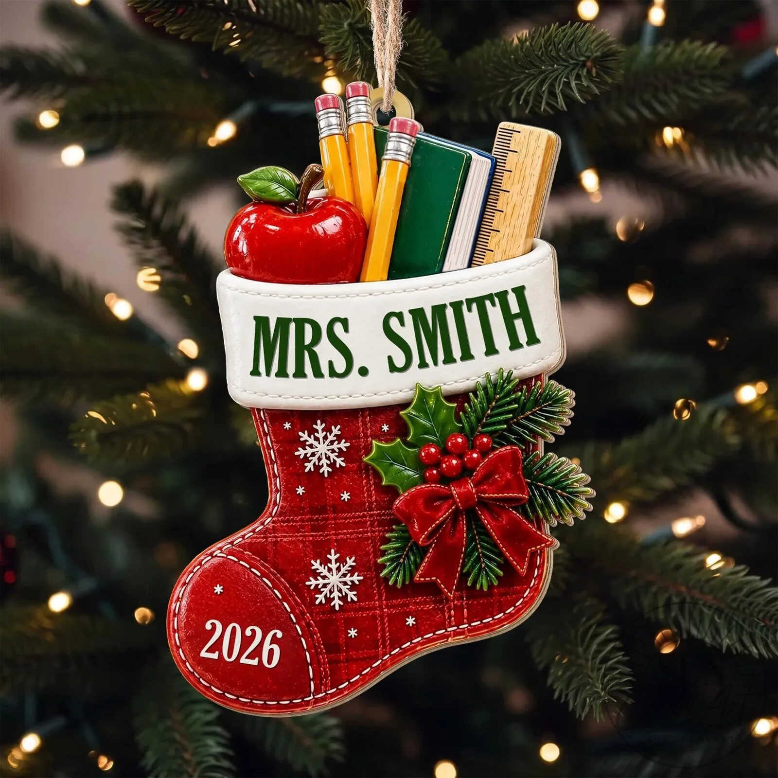 Personalized Teacher Christmas Stocking Ornament with Name and Year 1 Personalized Teacher Christmas Stocking Ornament with Name and Year