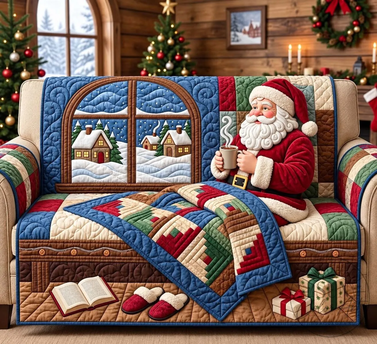 Christmas Santa Claus Winter Scene Quilted Sofa Cover