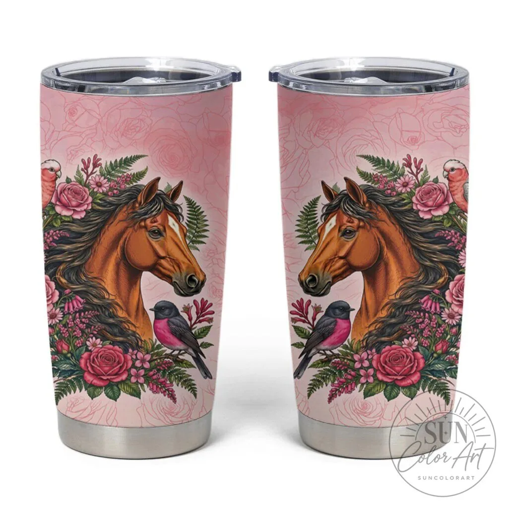 Horse Pink Rose Floral Wreath Tumbler Cup with Australian Galah and Robin Birds