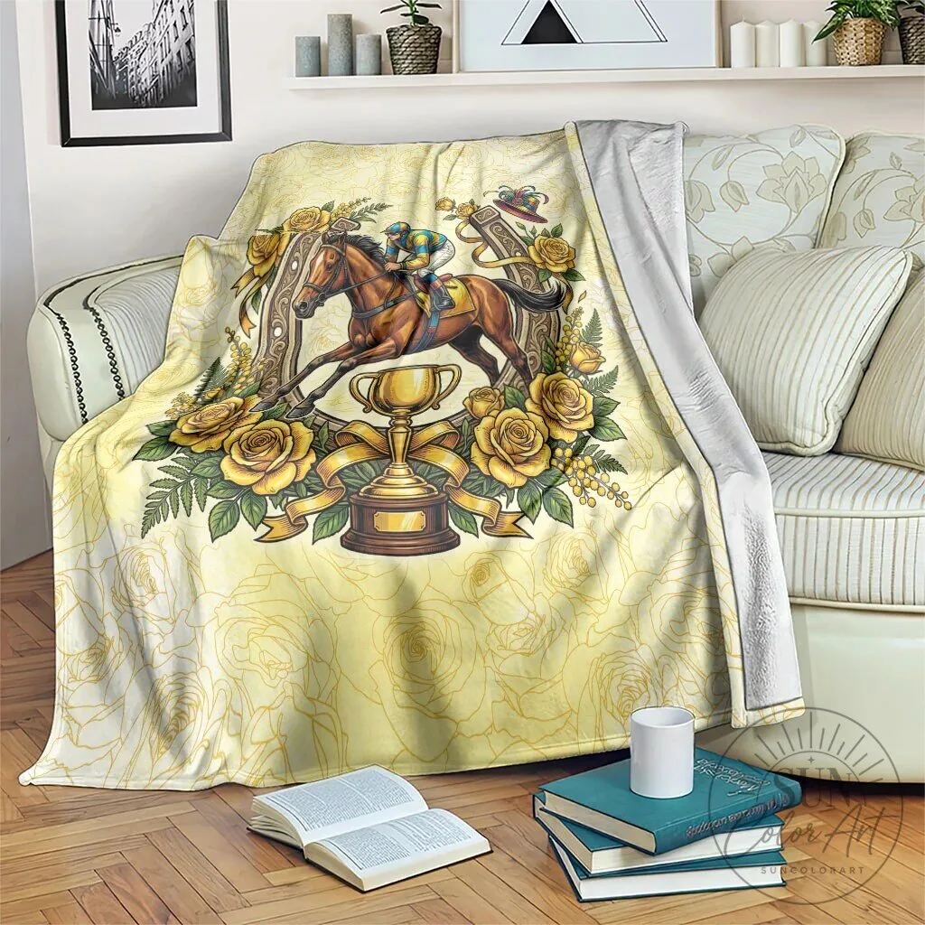 Melbourne Horse Racing Yellow Rose Floral Horseshoe Soft Fleece Blanket
