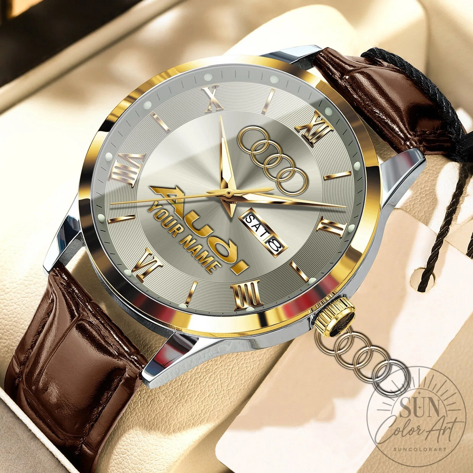 Audi Logo Personalized Custom Name Elegant Fashion Design Leather Men's Watch