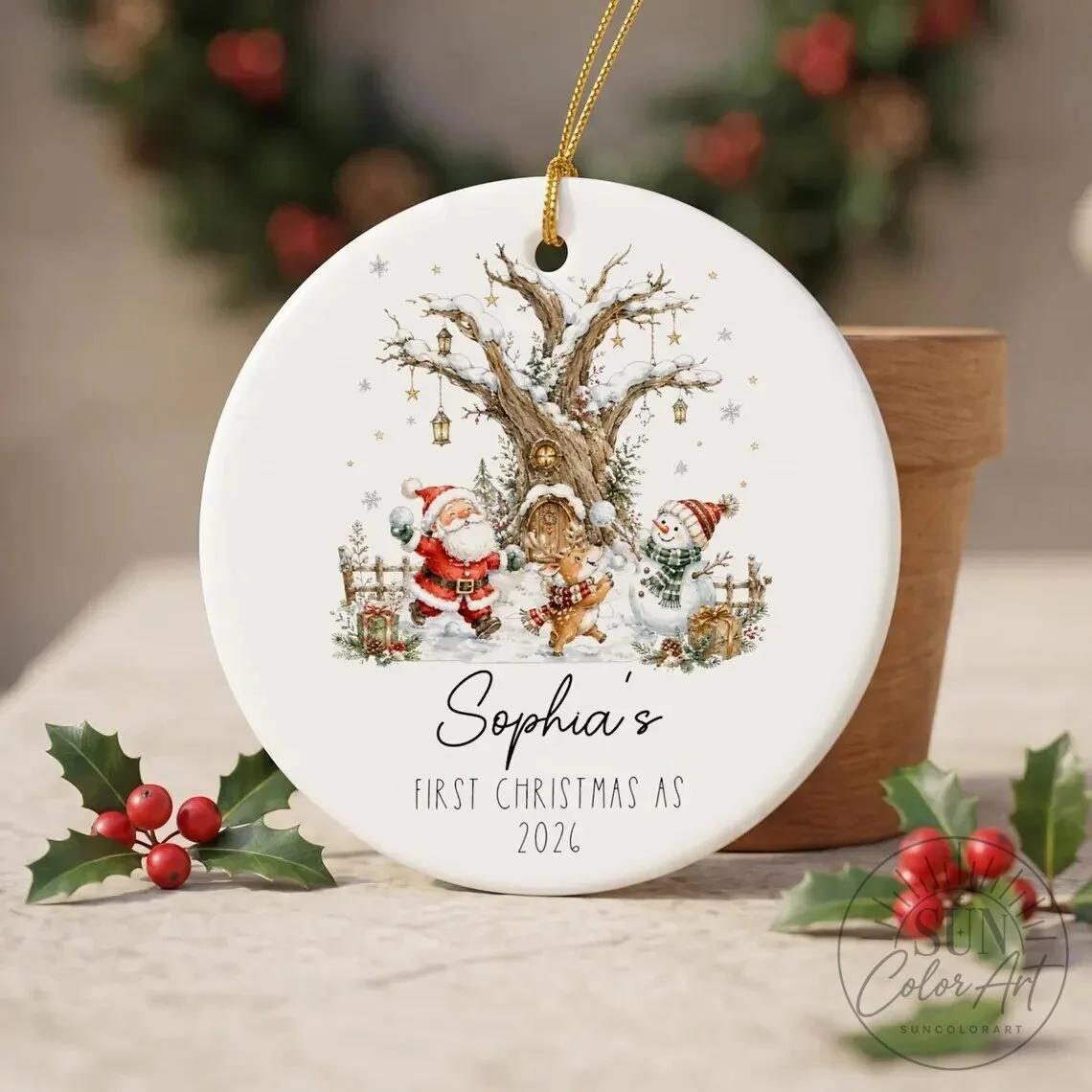 Personalized First Christmas Woodland Santa and Snowman Keepsake Ornament