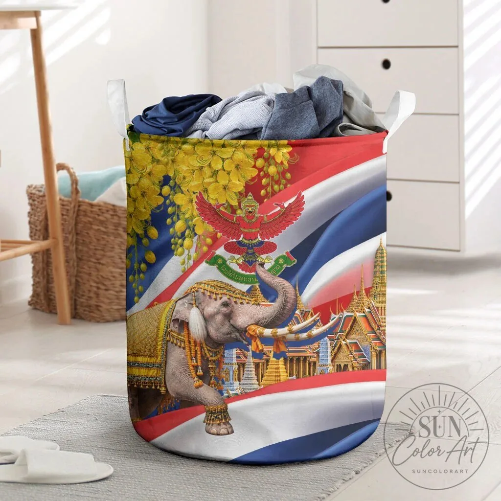 Thailand Flag Golden Elephant and Temple Art Laundry Basket
