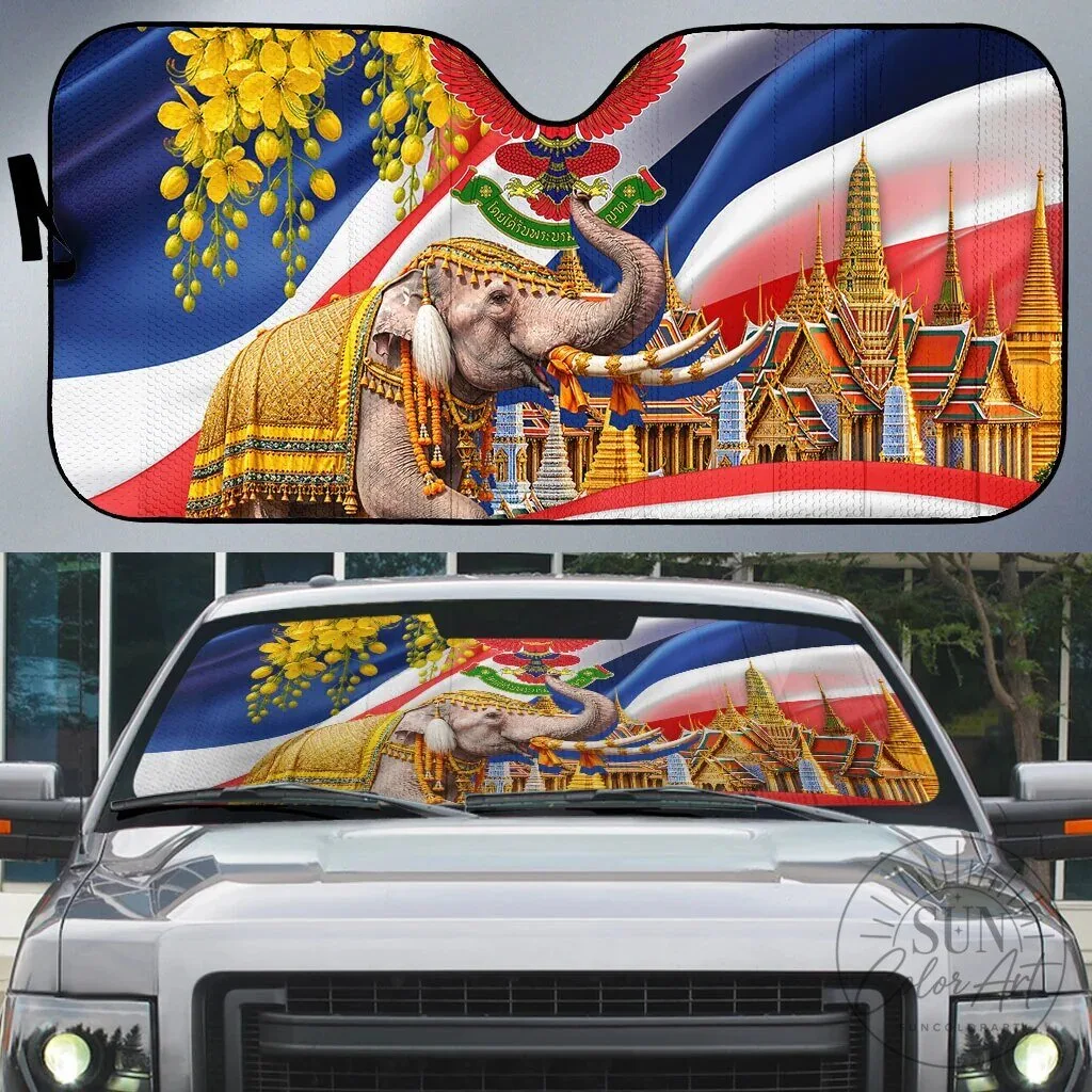 Thailand Golden Elephant Temple Garuda Flag Car Sunshade