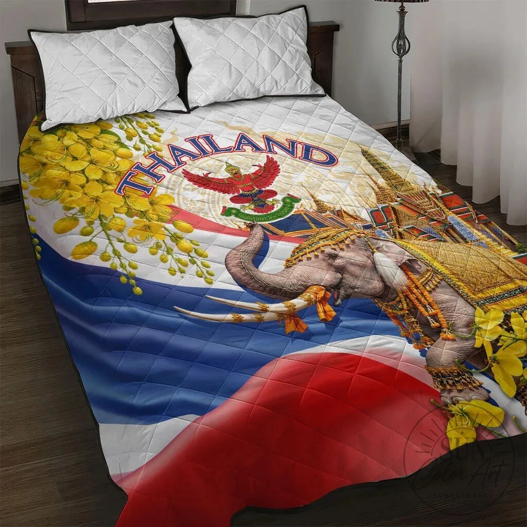 Thailand Flag Golden Elephant and Temple Ratchaphruek Art Quilt Bedding Set
