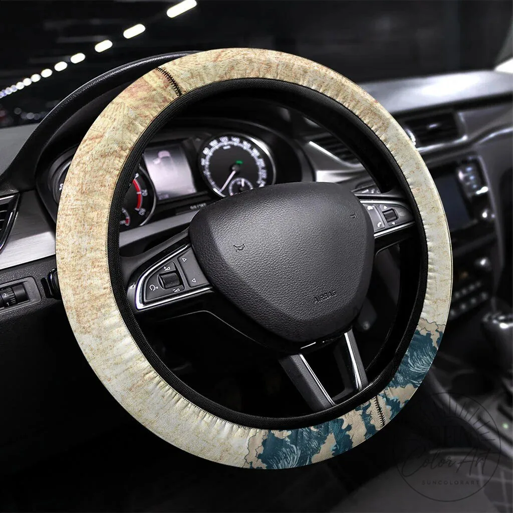 Mayflower Descendant Vintage Nautical Map Ocean Waves Steering Wheel Cover