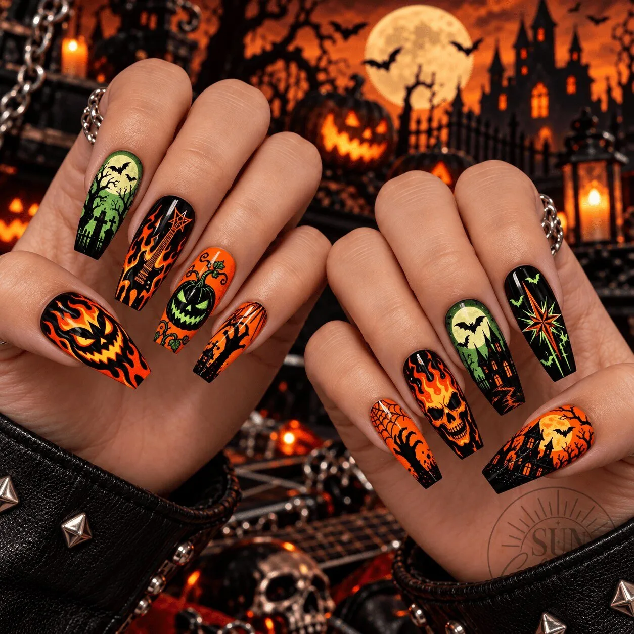 Halloween Pumpkin Power Metal Skull Flame Press-On Nails Set