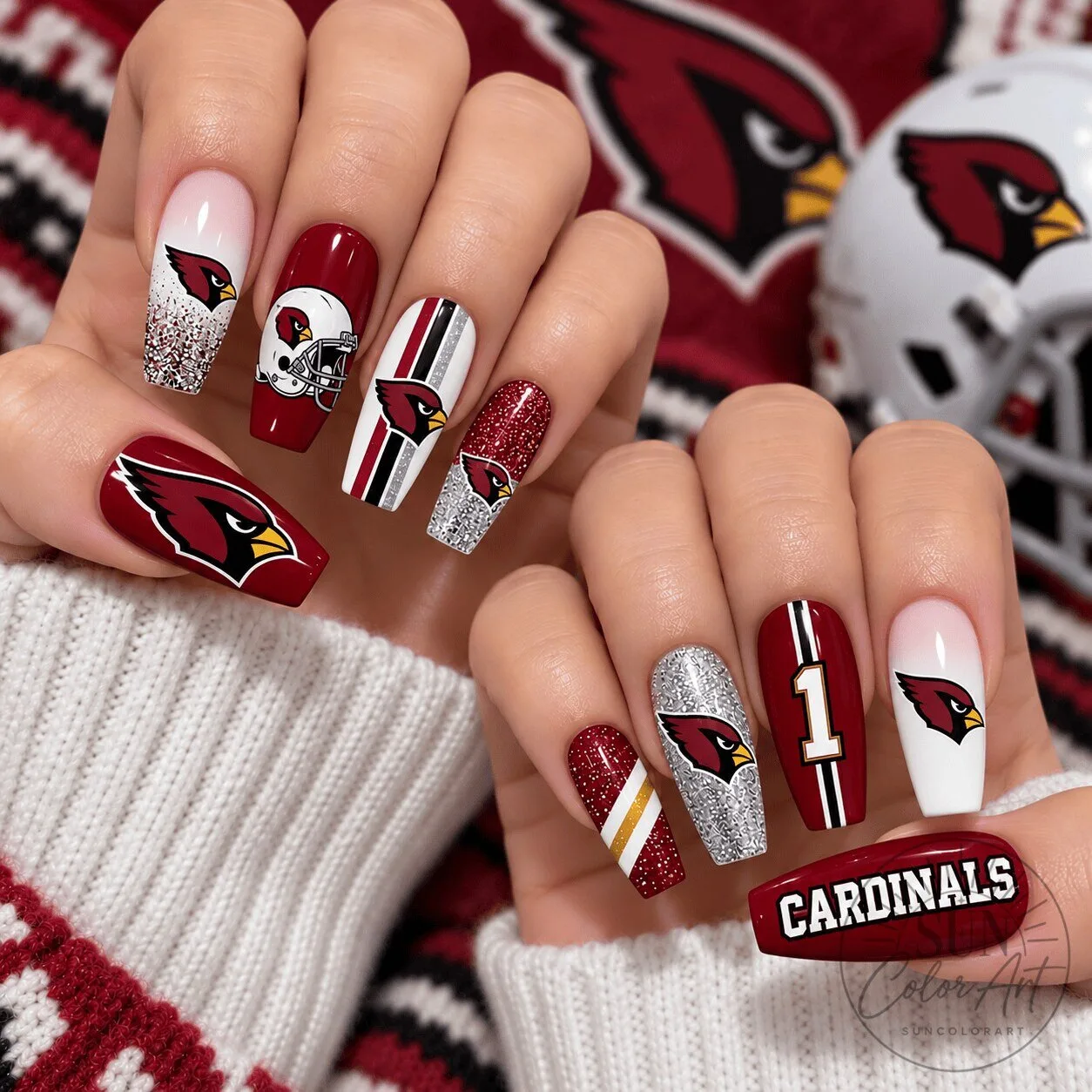 Arizona Cardinals Football Team Glitter Design Reusable Press-On Nails Set