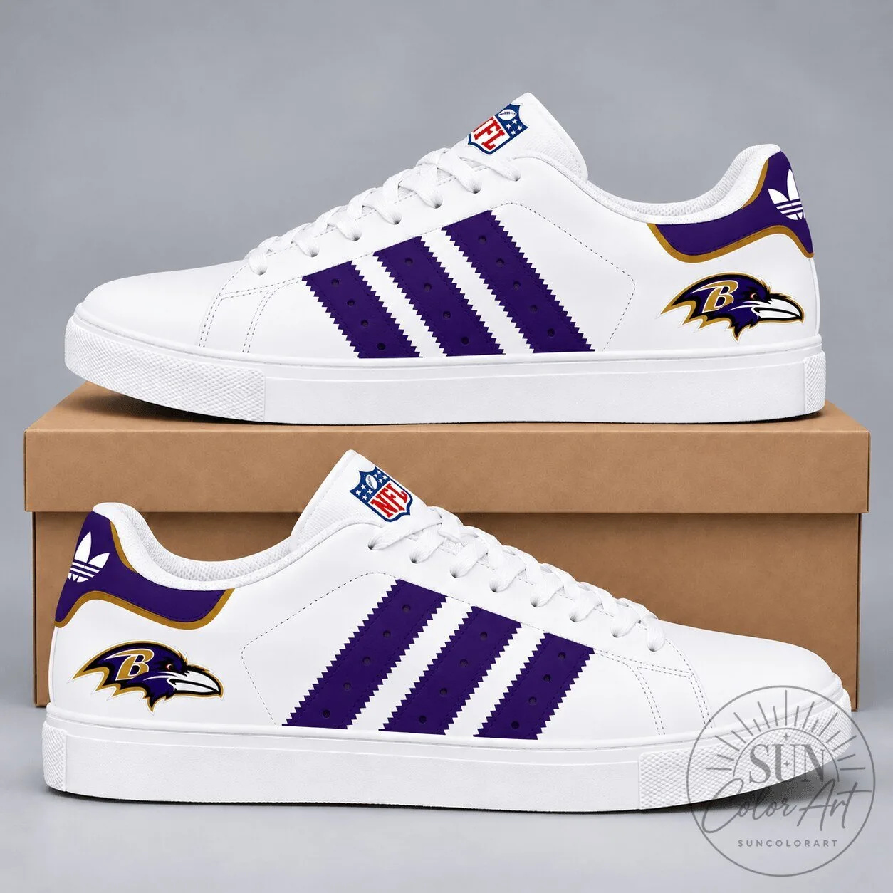 Baltimore Ravens NFL Team Logo White and Purple Striped Athletic Shoes
