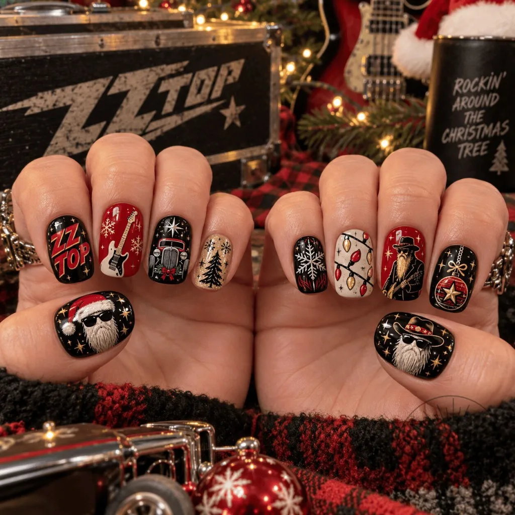 ZZ Top Christmas Holiday Press On Nails Set with Santa Beard and Guitar Designs ZZ Top Christmas Holiday Press On Nails Set with Santa Beard and Guitar Designs