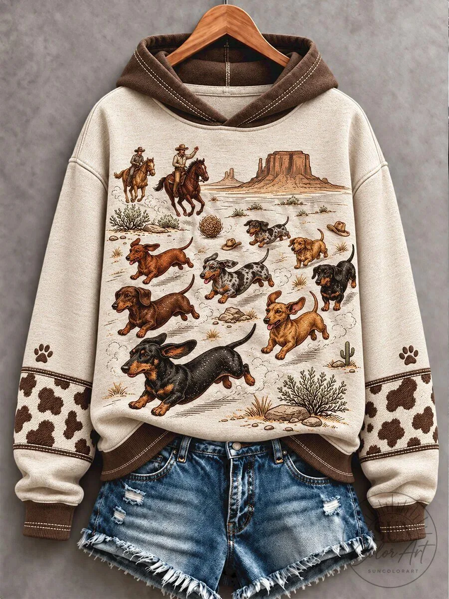 Western Dachshund Dog Lover Cowboy Desert Landscape Graphic Print Hoodie 2 Western Dachshund Dog Lover Cowboy Desert Landscape Graphic Print Hoodie