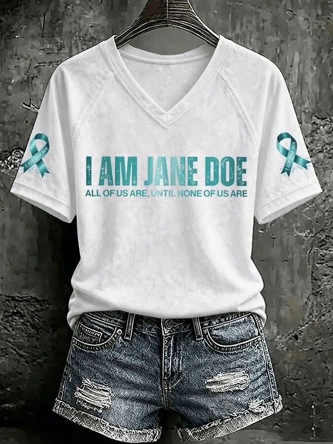 I Am Jane Doe Teal Ribbon Awareness V-Neck T-Shirt 1 I Am Jane Doe Teal Ribbon Awareness V-Neck T-Shirt