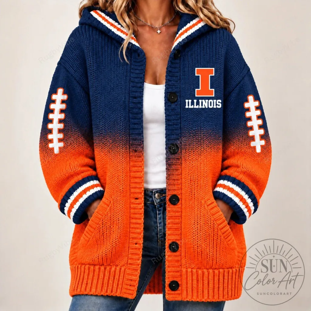Illinois Fighting Illini Football Ombre Knit Cardigan Hoodie Illinois Fighting Illini Football Ombre Knit Cardigan Hoodie