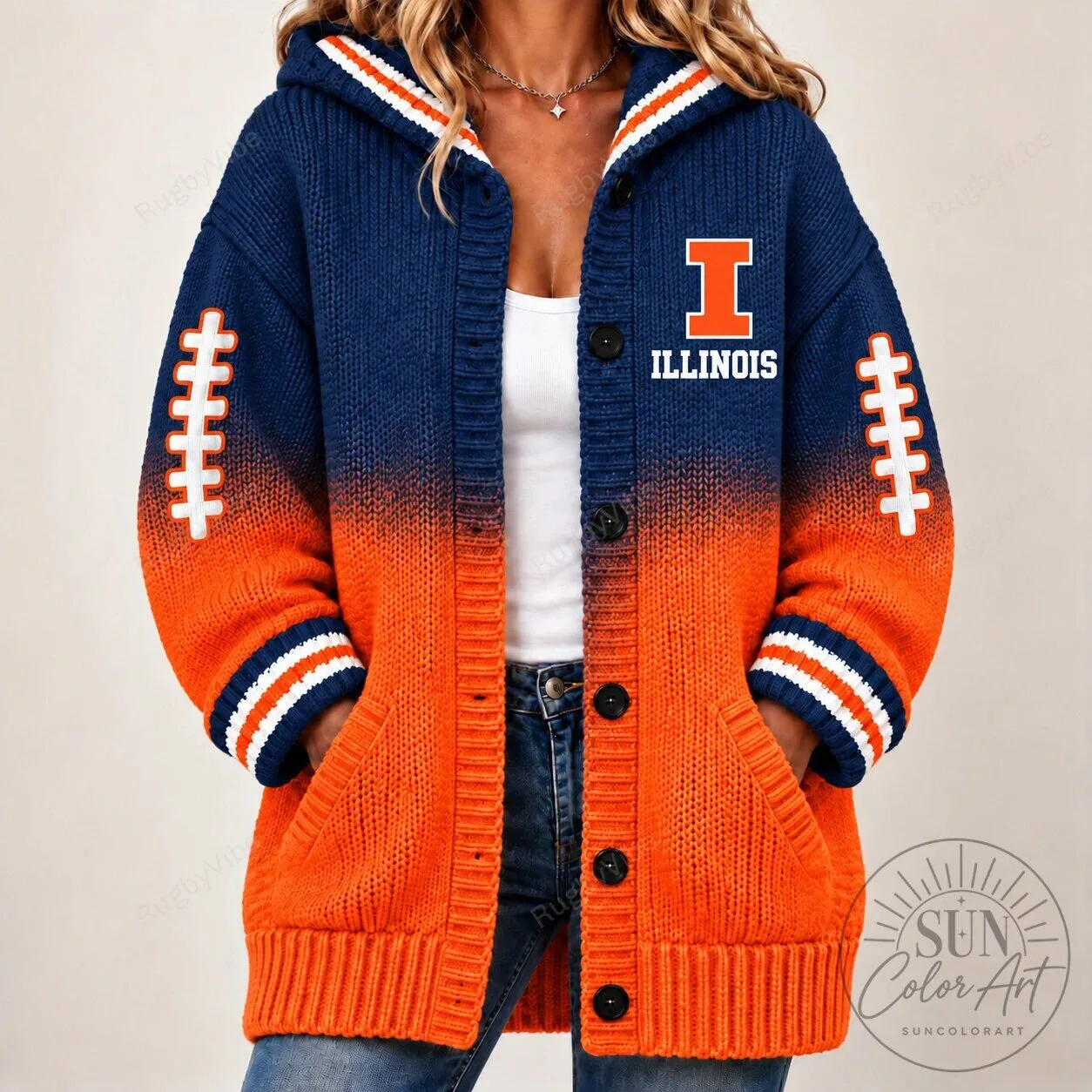 Illinois Fighting Illini Football Ombre Knit Cardigan Hoodie 5 Illinois Fighting Illini Football Ombre Knit Cardigan Hoodie