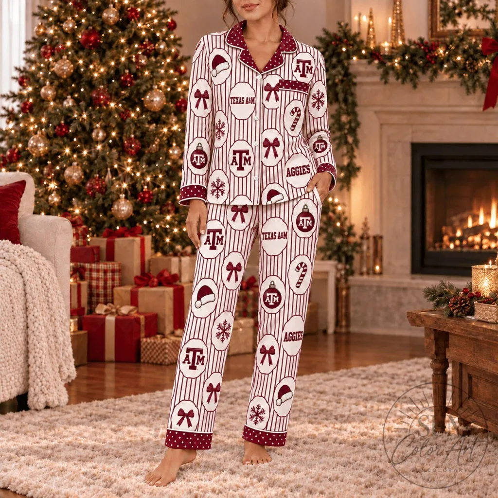 Texas A&M Aggies Christmas Holiday Striped Button-Up Pajamas Set Texas A&M Aggies Christmas Holiday Striped Button-Up Pajamas Set
