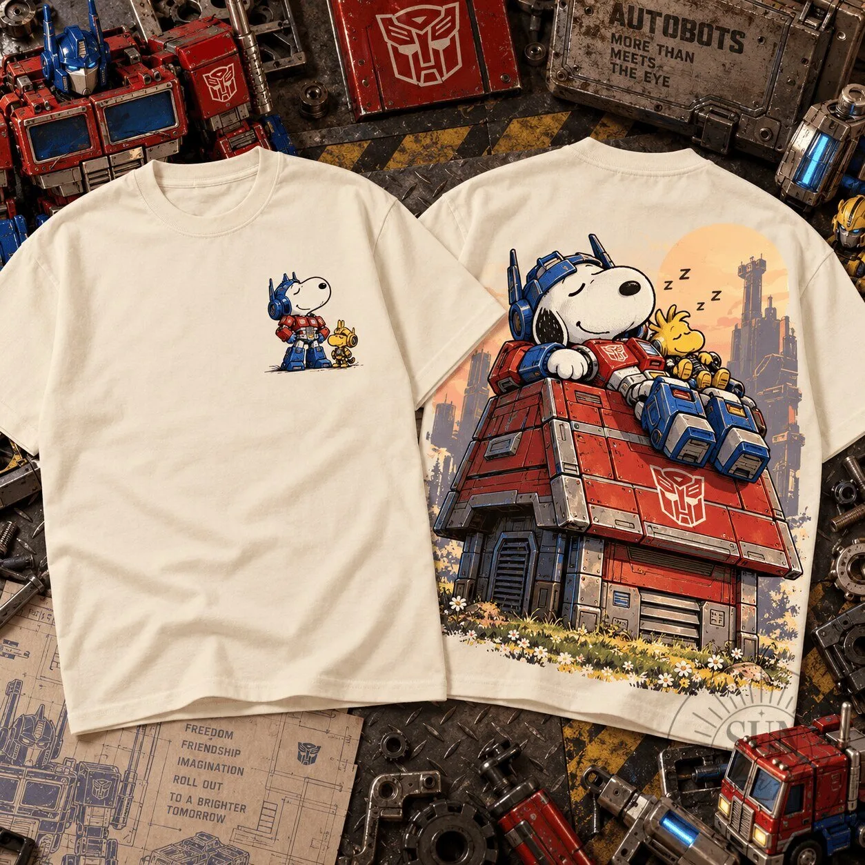 Snoopy and Optimus Prime Sleeping Robot Graphic T-Shirt 1 Snoopy and Optimus Prime Sleeping Robot Graphic T-Shirt