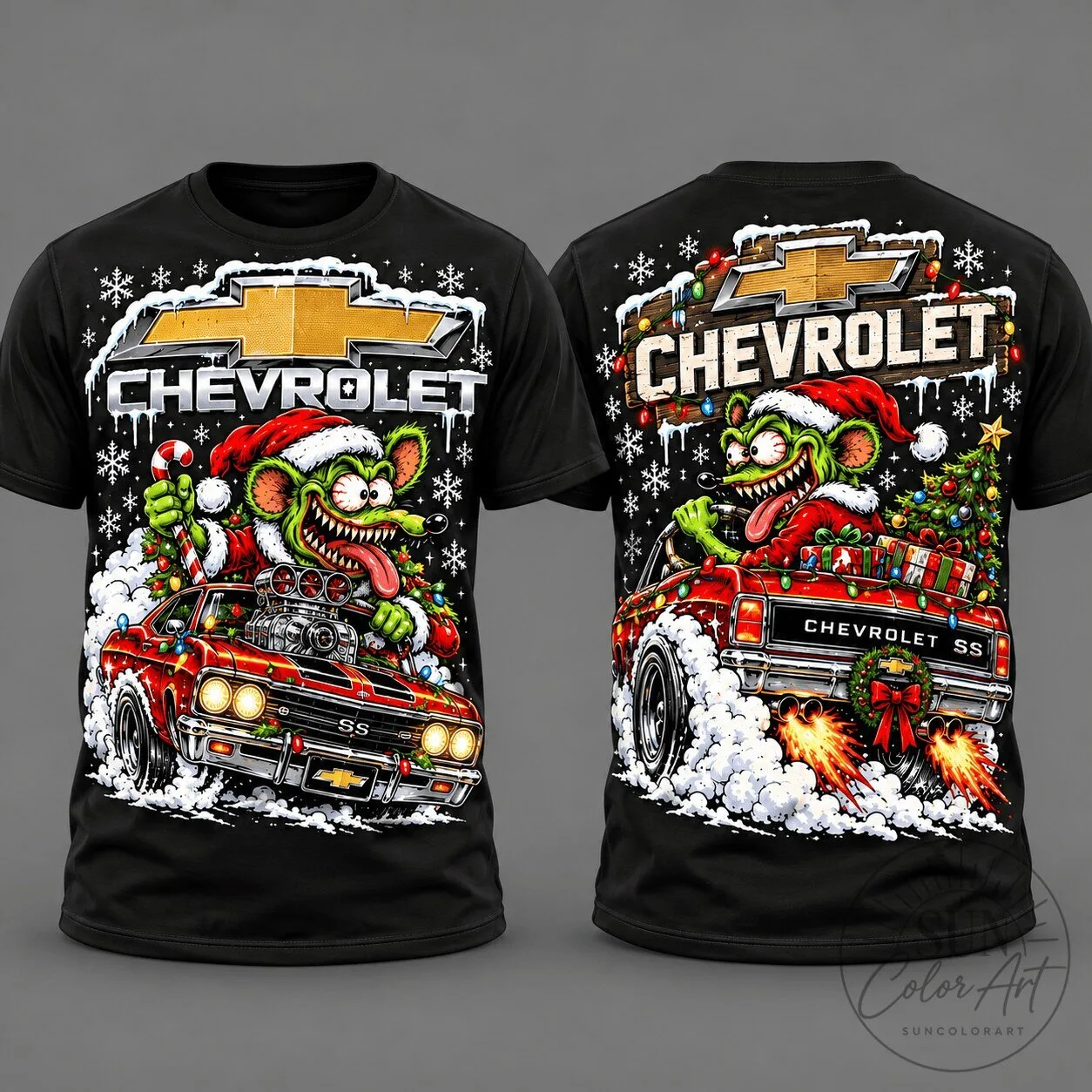 Chevrolet Christmas Rat Fink Hot Rod Muscle Car Black T-Shirt