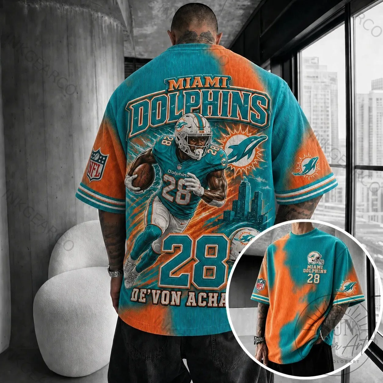 Miami Dolphins De'Von Achane Player Vertical Stripe Short Sleeve T-Shirt