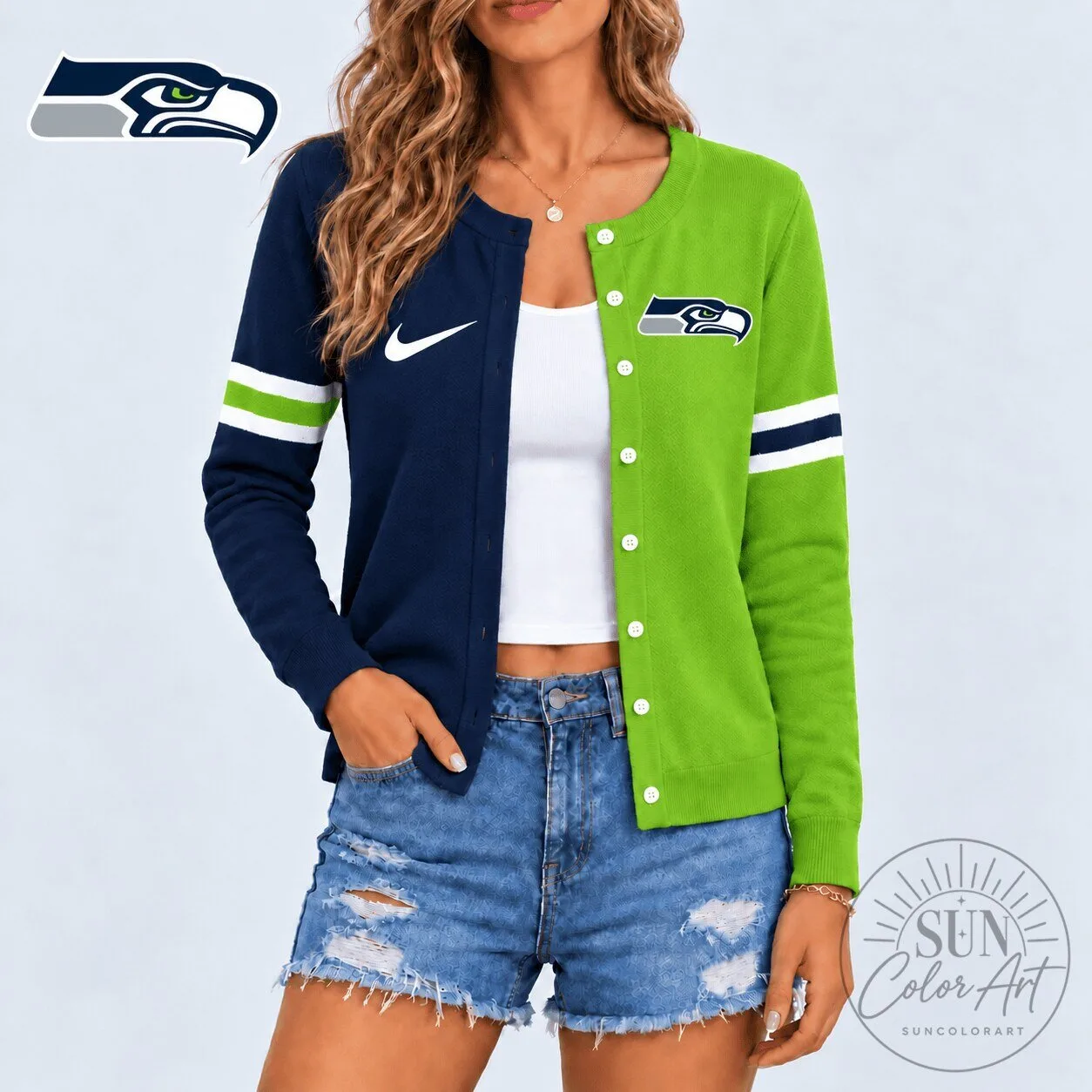 Seattle Seahawks Women's Split Colorblock Button-Up Cardigan Sweater