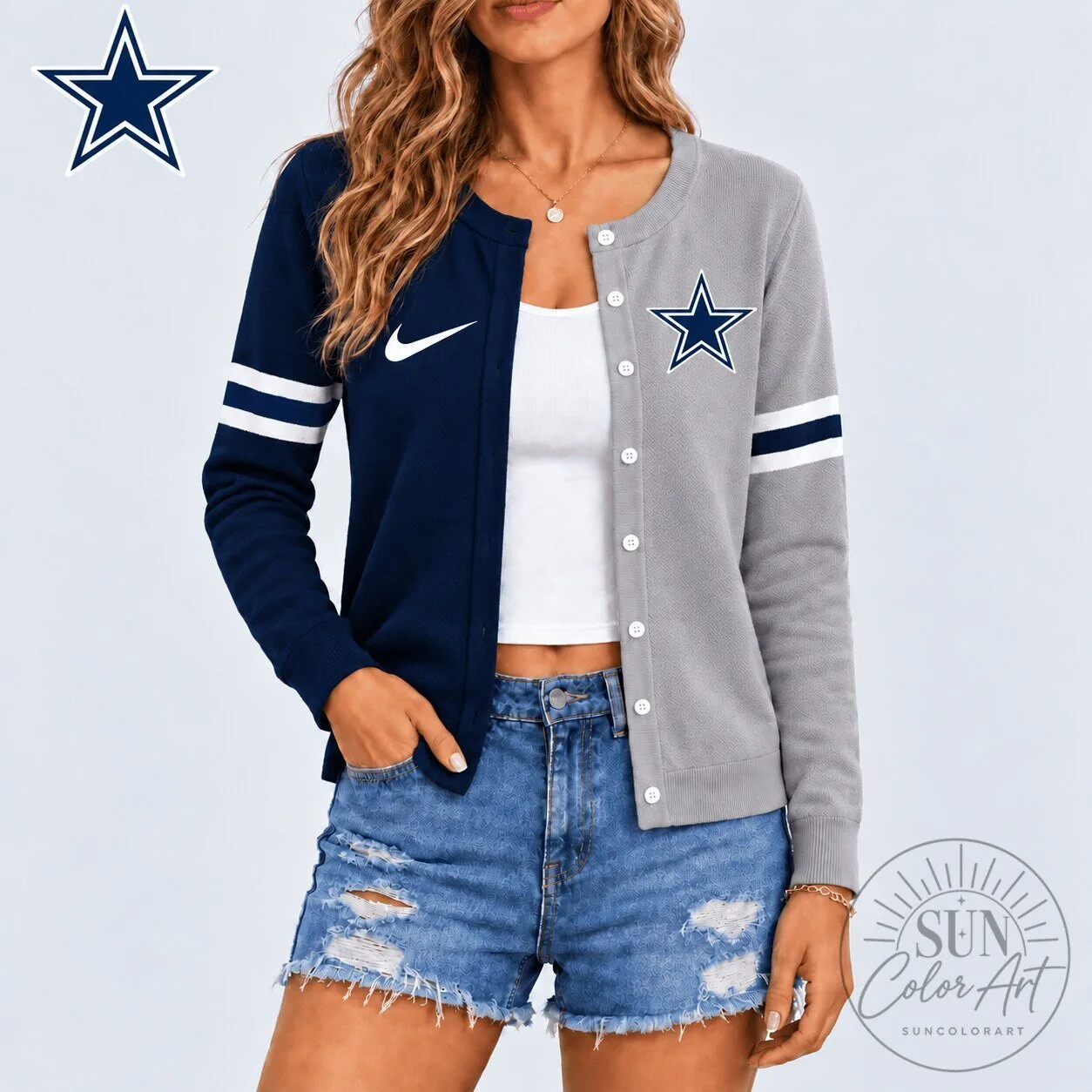 Dallas Cowboys Women's Split Colorblock Button Down Knit Cardigan Sweater 2 Dallas Cowboys Women's Split Colorblock Button Down Knit Cardigan Sweater