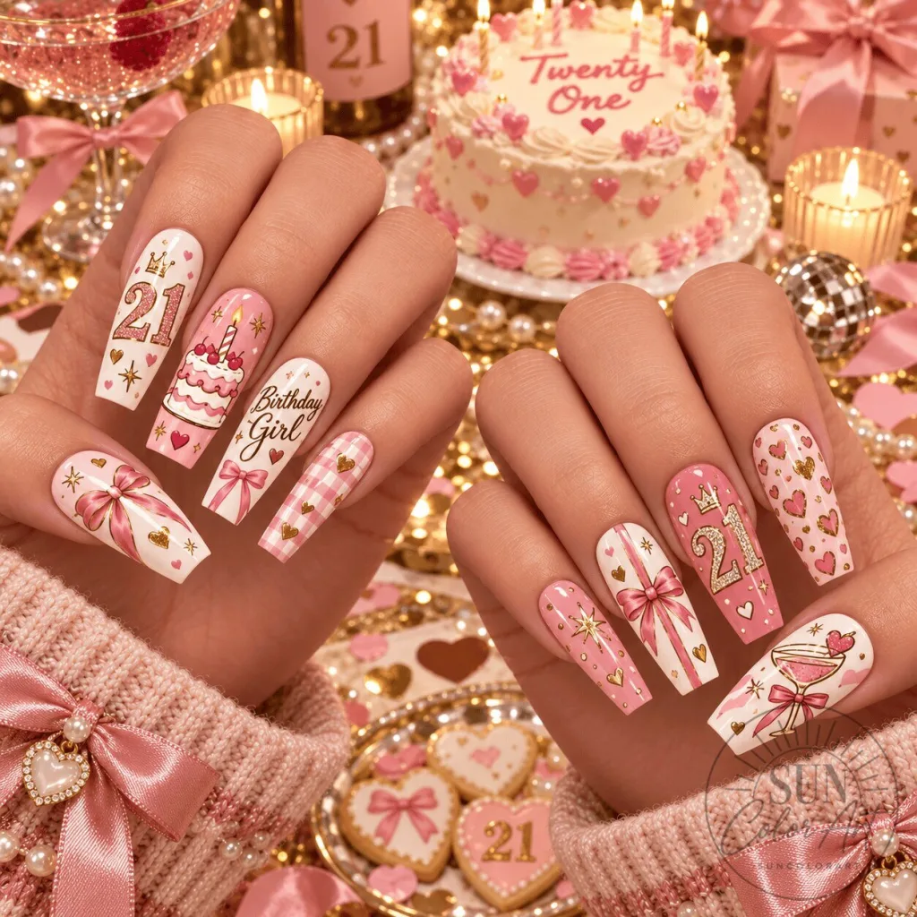Pink Birthday Girl Twenty One Number Press-On Nails Set Pink Birthday Girl Twenty One Number Press-On Nails Set