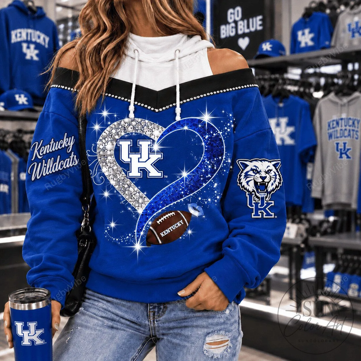 Kentucky Wildcats Football Glitter Heart Design Off Shoulder Hoodie