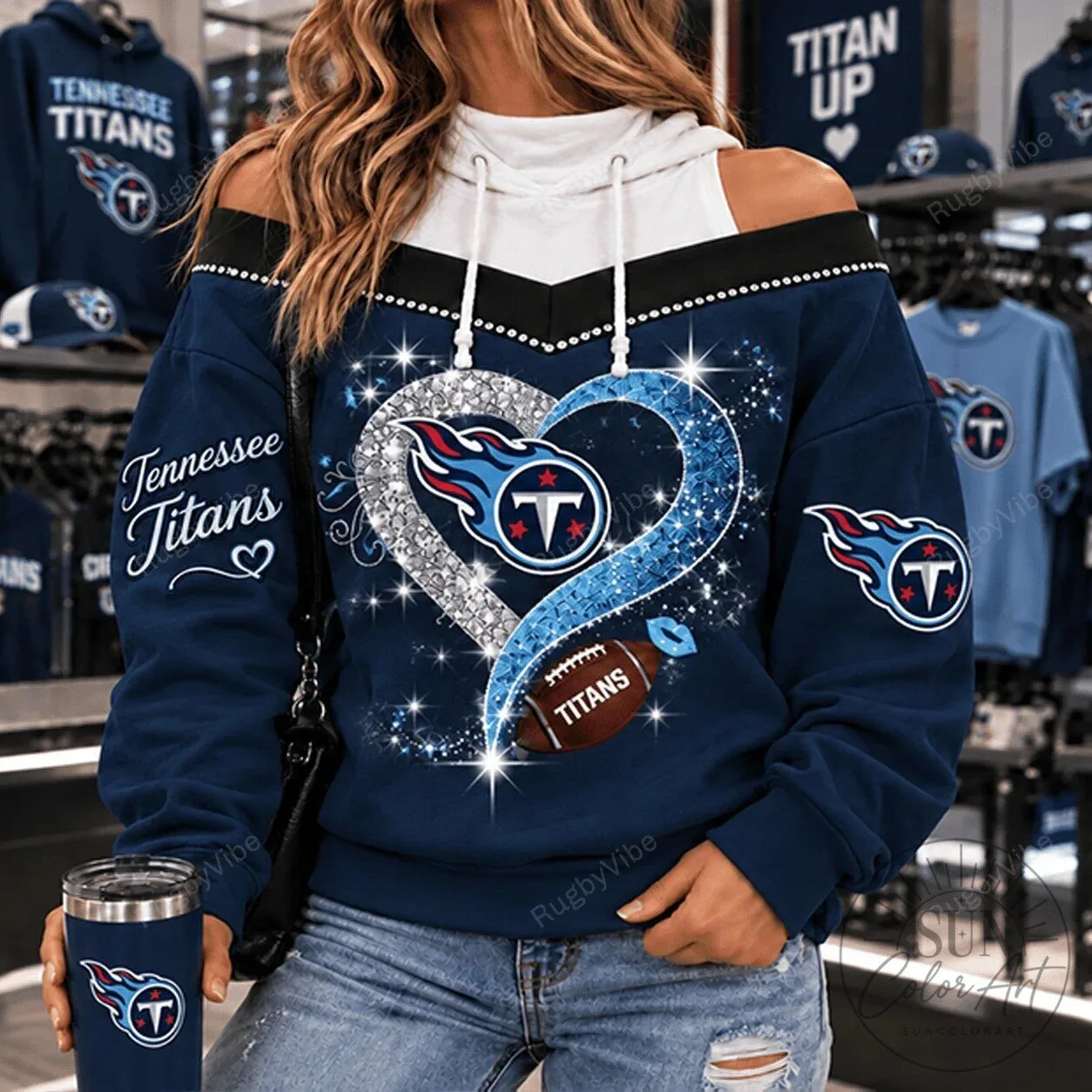Tennessee Titans Women's Sparkle Heart Football Fan Off Shoulder Hoodie